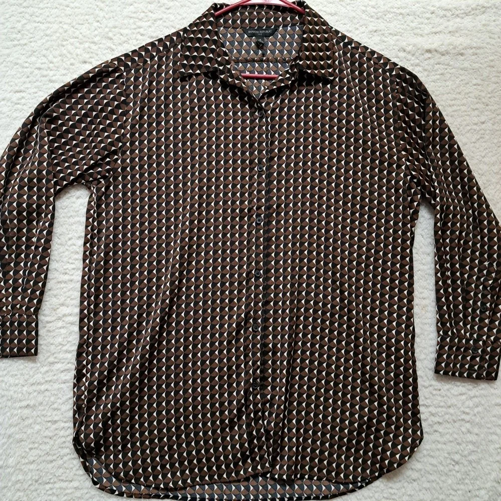 Mens Banana Republic Button Down Brown Black Geometric Print 100% Polyester